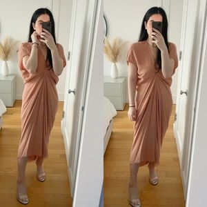 Rick Owens Midi Dress Sz 4 Draped Silk Pink V-neck Butterfly Sleeve